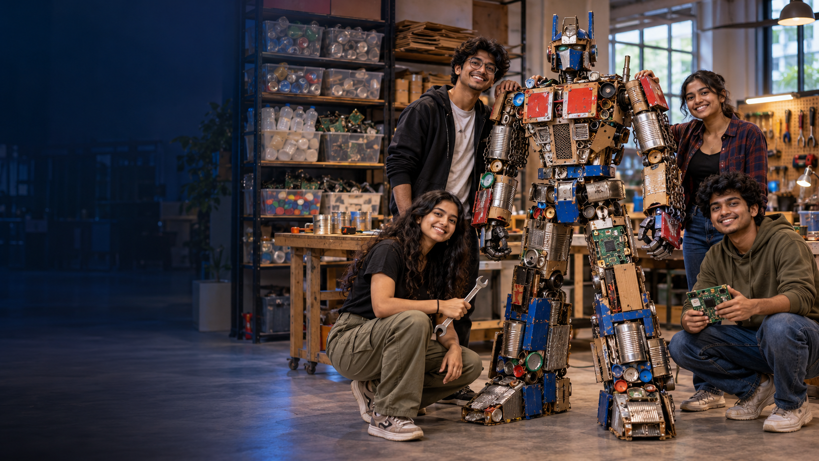 Students with their handmade robot sculpture built from reused cans, cardboard, e-waste, and scrap materials